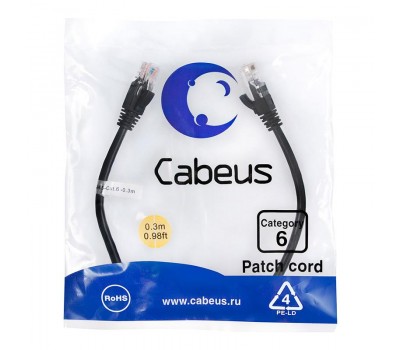 Cabeus PC-UTP-RJ45-Cat.6-0.3m-BK патч-корд